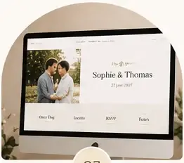 Voorbeeldontwerp van een trouwwebsite met trouwdatum en informatie voor gasten op een desktopbeeldscherm